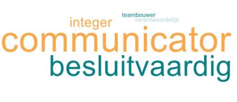 word cloud van 5 essentiële kenmekren van een goede leider